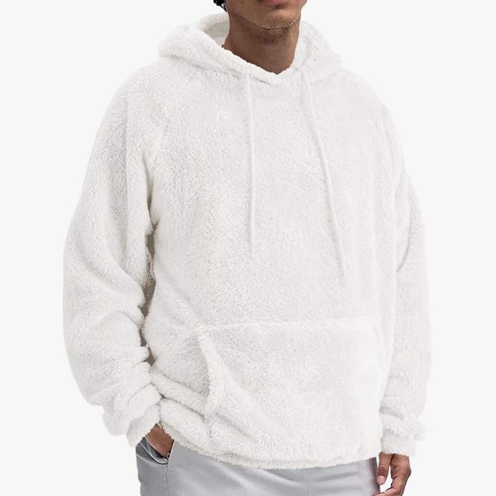 White oversized faux fur hoodie sweater sweatshirt Sherpa fuzzy teddy bear comfy